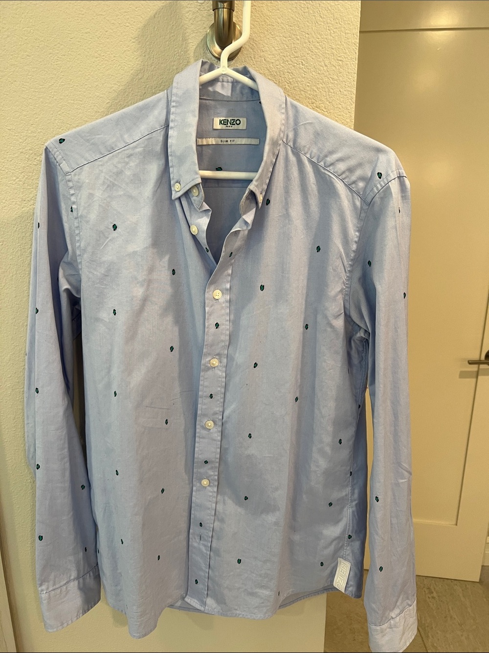 KENZO Light Blue Button-Down Shirt with Dark Green Dot Embroidery